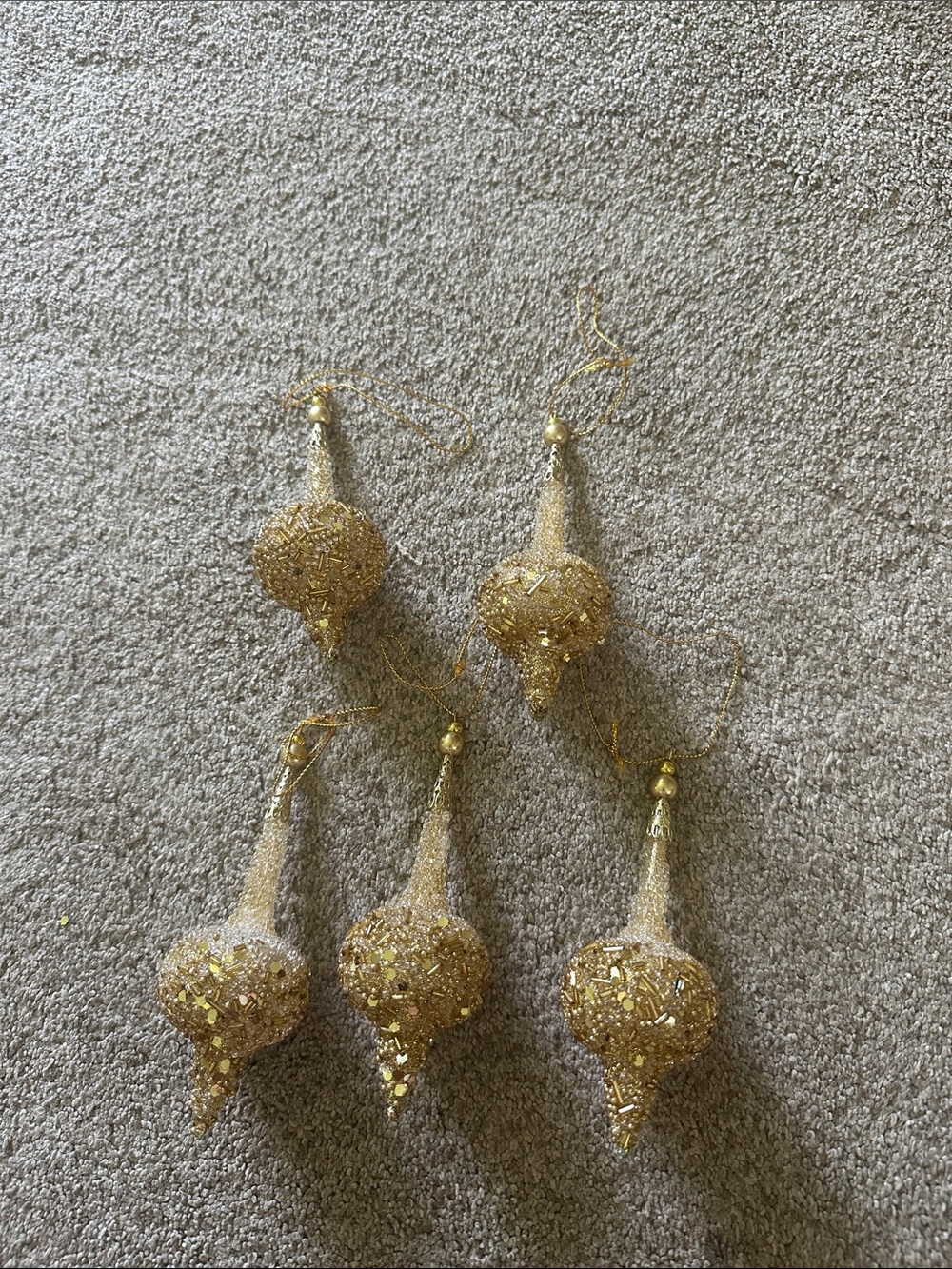 Vintage Gold  finials Glitter Teardrop Christmas Ornaments - Set of 5